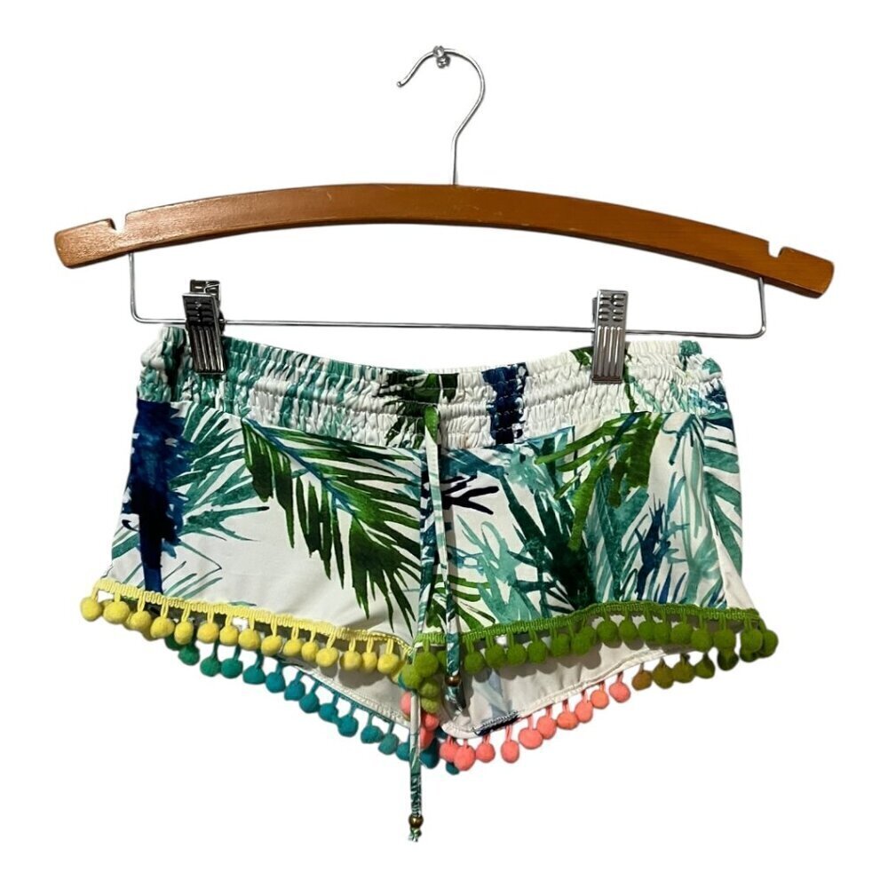 PilyQ Girls Swim Shorts Cover Up Size Small Pom Poms Tropical